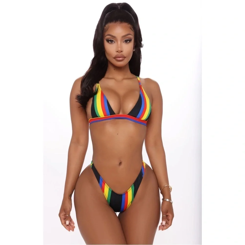 Fashion Nova ✦ Rainbow Triangle Bikini Set ✦ Pride Striped High-Cut Thong Padded